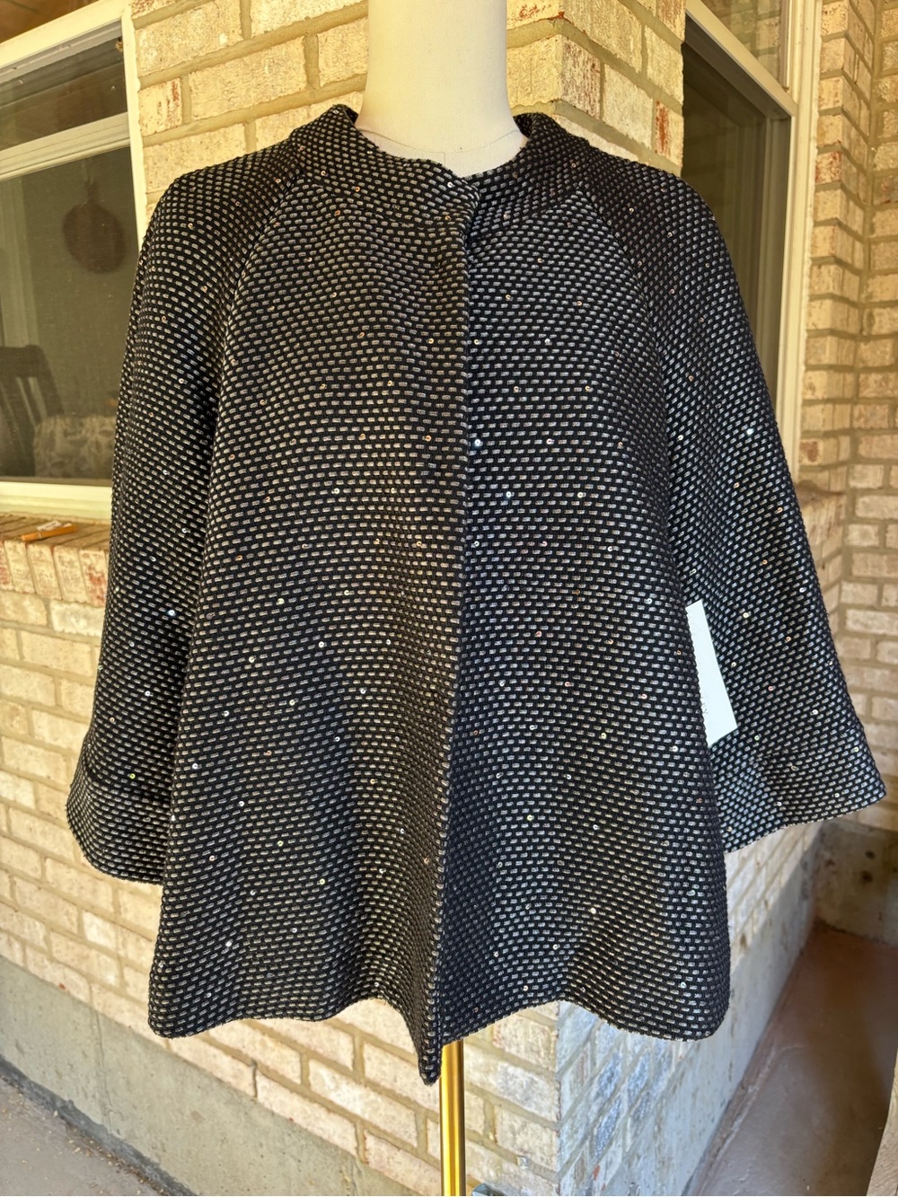 NEW Laura Ashley Black & White Textured Swing Coat 3/4 sleeves Sequins